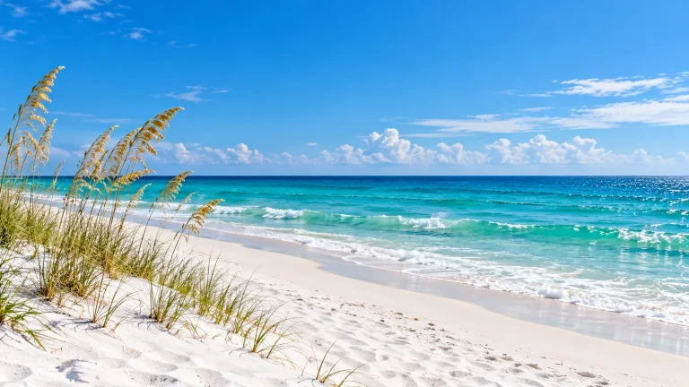 White-sand beach with sea oats on the dunes beside turquoise surf under a blue sky