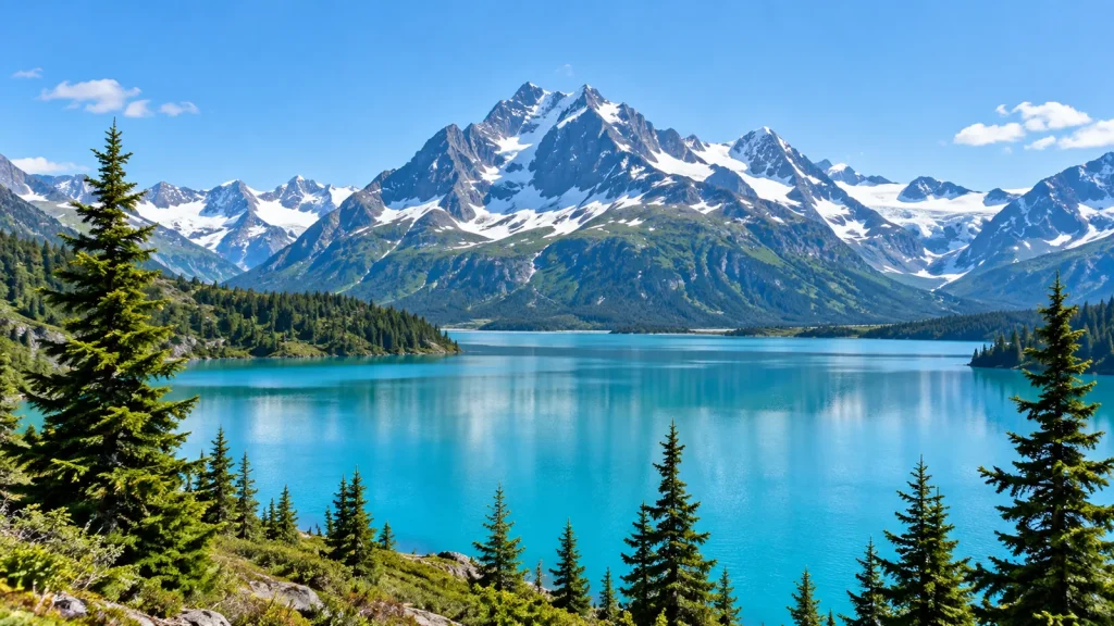 Turquoise lake below rugged snow-covered mountains and glaciers, framed by evergreen trees