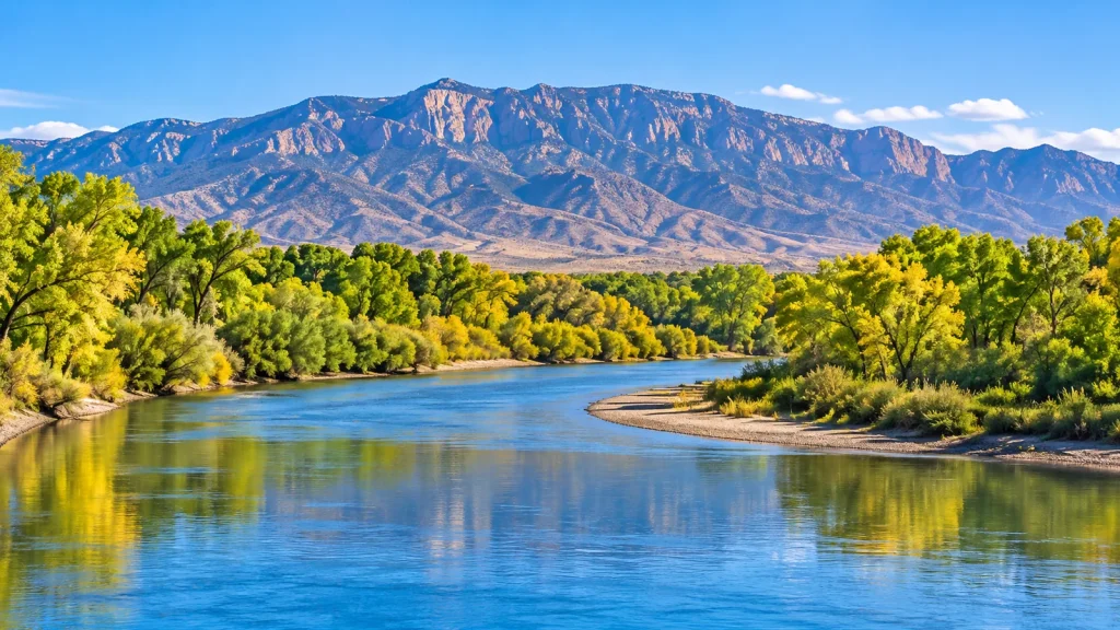 Wide river lined with cottonwood trees beneath a rugged desert mountain range