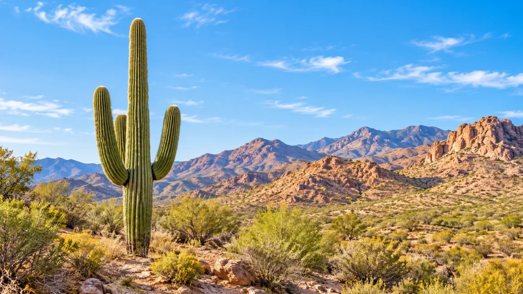 Tall saguaro cactus among desert shrubs, with rocky red hills and mountains under a blue sky