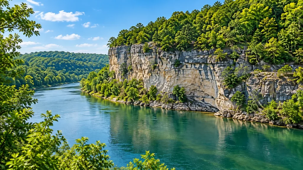 Green river flowing beneath a tall limestone bluff topped with dense green forest