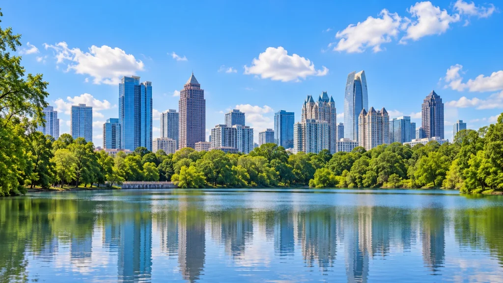 City skyline rising behind green park trees, reflected in a calm lake under a blue sky