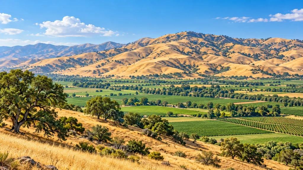 Golden oak-dotted foothills rising above a green valley of vineyards and orchards under a blue sky