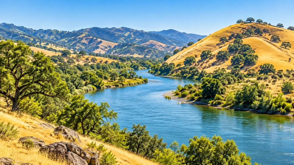 Blue river winding between golden, oak-dotted hills under a clear sky