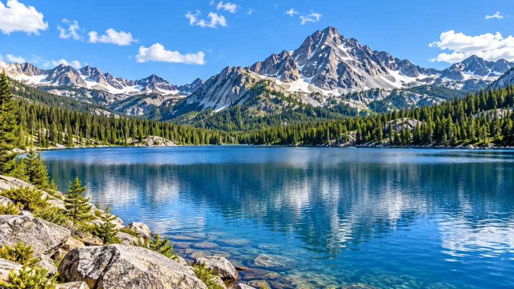 Clear alpine lake below rugged, snow-streaked mountain peaks and evergreen forest under a blue sky