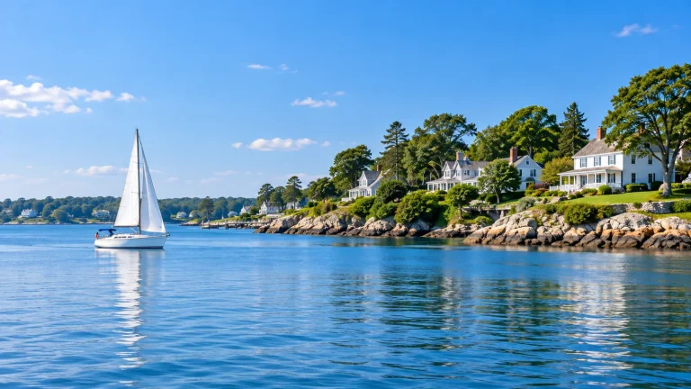 White sailboat on calm blue water beside a rocky shoreline with white waterfront homes and tall trees