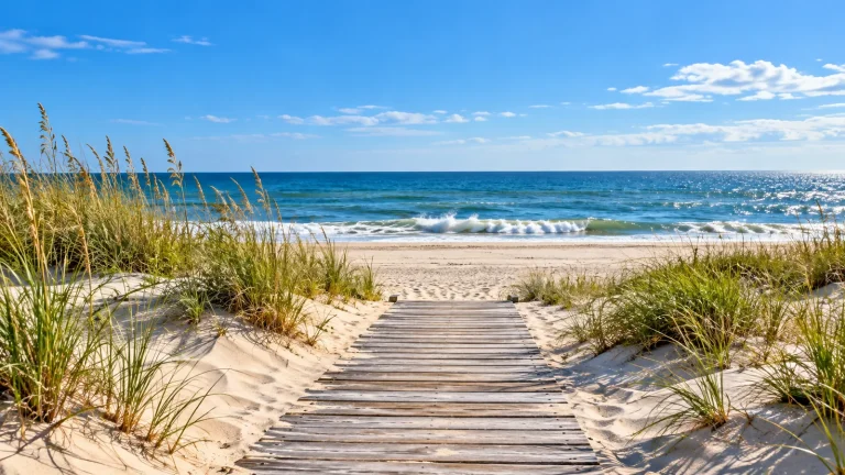 Weathered wooden boardwalk through sand dunes and beach grass leading to the ocean