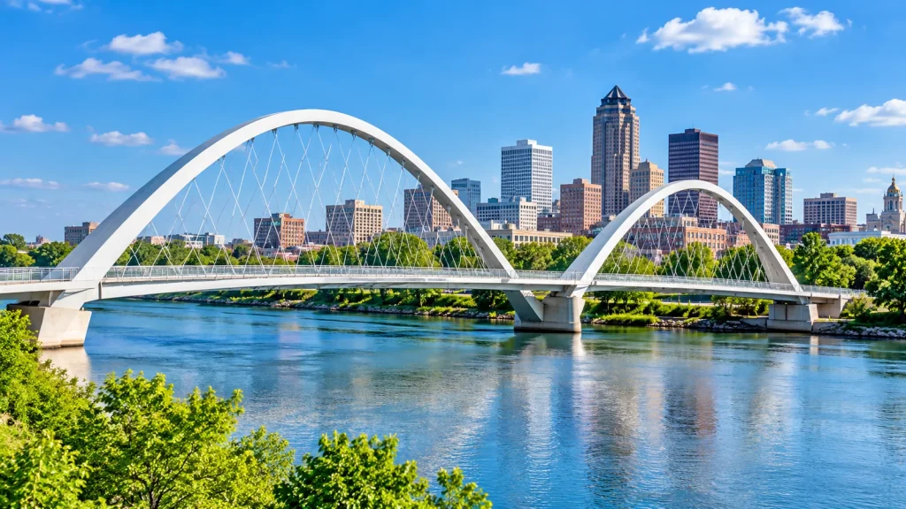 White double-arched pedestrian bridge over a river in front of a downtown skyline