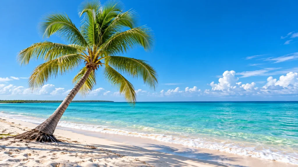 Leaning palm tree on a white-sand beach beside clear turquoise ocean under a blue sky