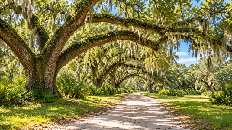 Sandy path beneath sprawling live oaks draped with Spanish moss, with palmettos below