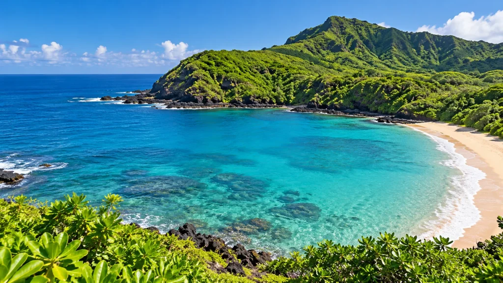 Turquoise bay with a sandy beach and dark lava rock below steep green volcanic hills