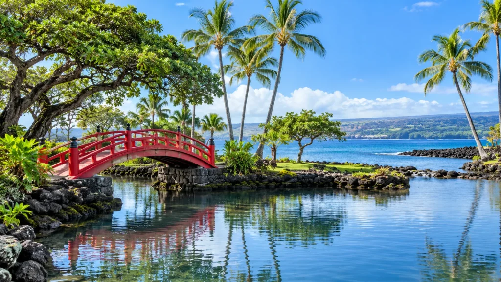 Red arched footbridge over a calm garden pond with palm trees, lava-rock edges and a blue bay beyond