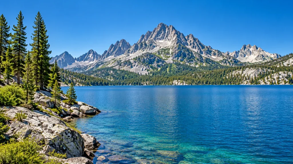 Deep blue lake with a rocky shoreline below jagged granite peaks and evergreen forest