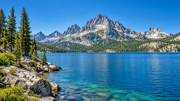 Deep blue lake with a rocky shoreline below jagged granite peaks and evergreen forest