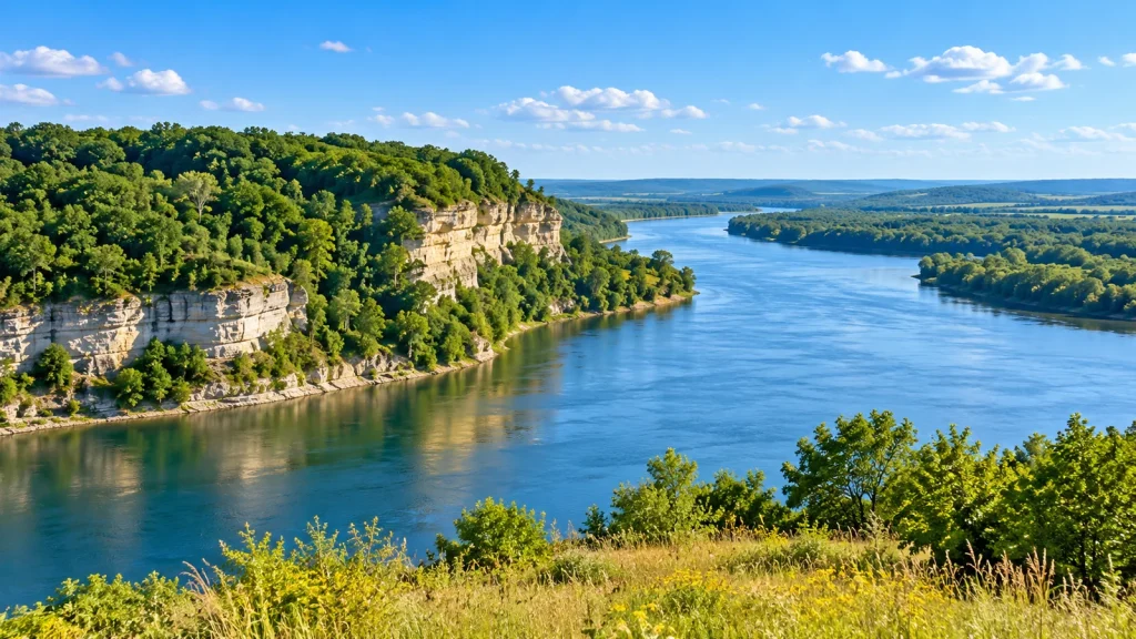 Wide river curving past wooded limestone bluffs under a blue sky, seen from a grassy overlook