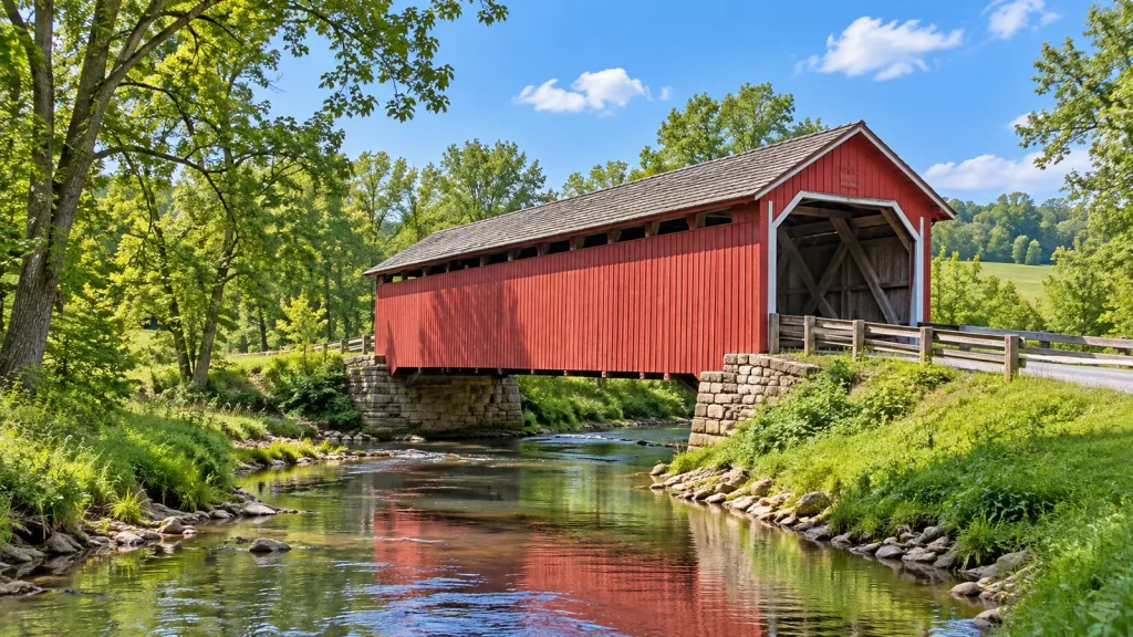 Red wooden covered bridge on stone abutments over a shallow creek, surrounded by green trees