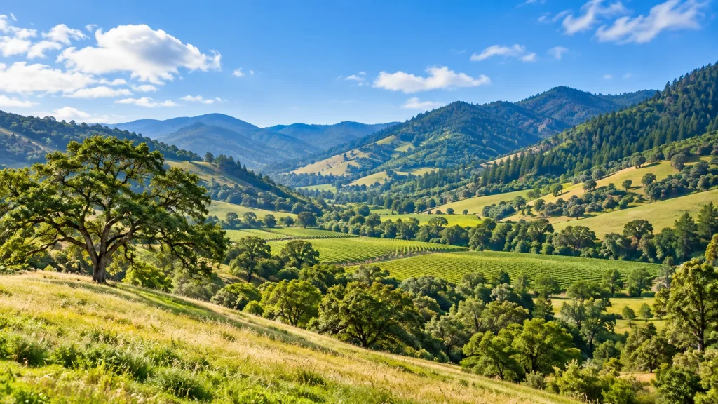 Green valley of vineyards and oak trees between forested hills, with a large oak on a grassy slope in front