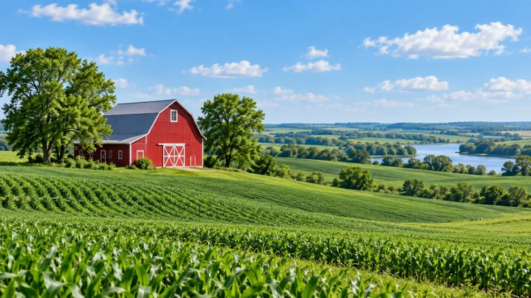 Red barn among shade trees above rolling green cornfields, with a lake and farmland in the distance