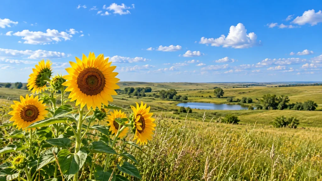Bright yellow sunflowers in the foreground of rolling prairie with a small pond under a blue sky