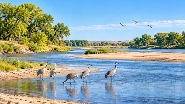 Sandhill cranes wading in a shallow, sandy braided river lined with cottonwood trees under a blue sky