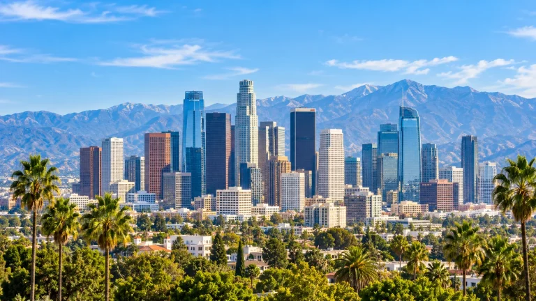 Downtown skyline of glass towers in front of a mountain range, framed by palm trees under a blue sky