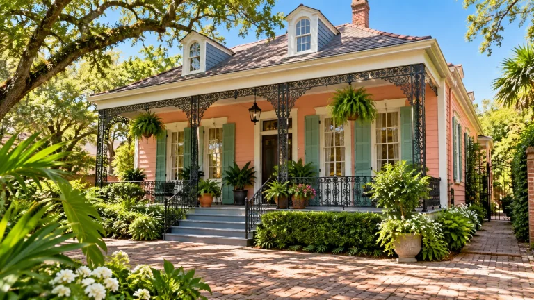 Peach-colored cottage with green shutters, a black ironwork porch and hanging ferns behind a brick courtyard and live oaks
