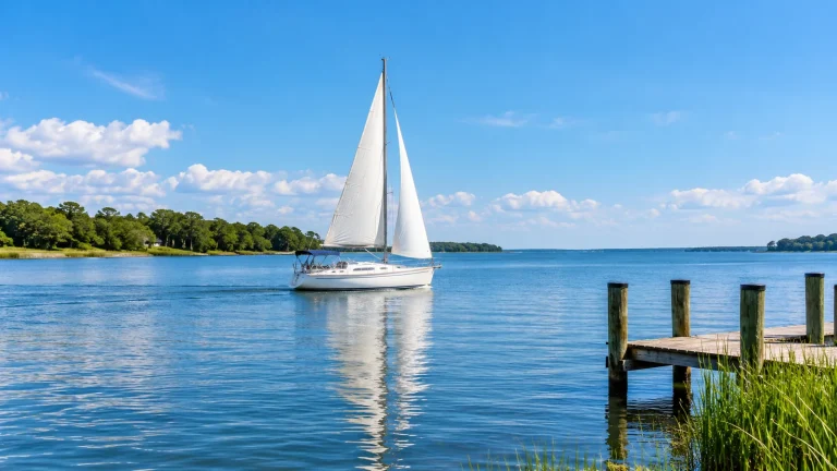 White sailboat on calm blue water near a wooden dock and marsh grass, with a wooded shoreline beyond