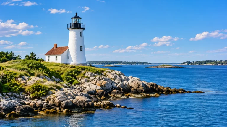 White lighthouse and keeper's house on a grassy, rocky point above blue water with low wooded islands beyond