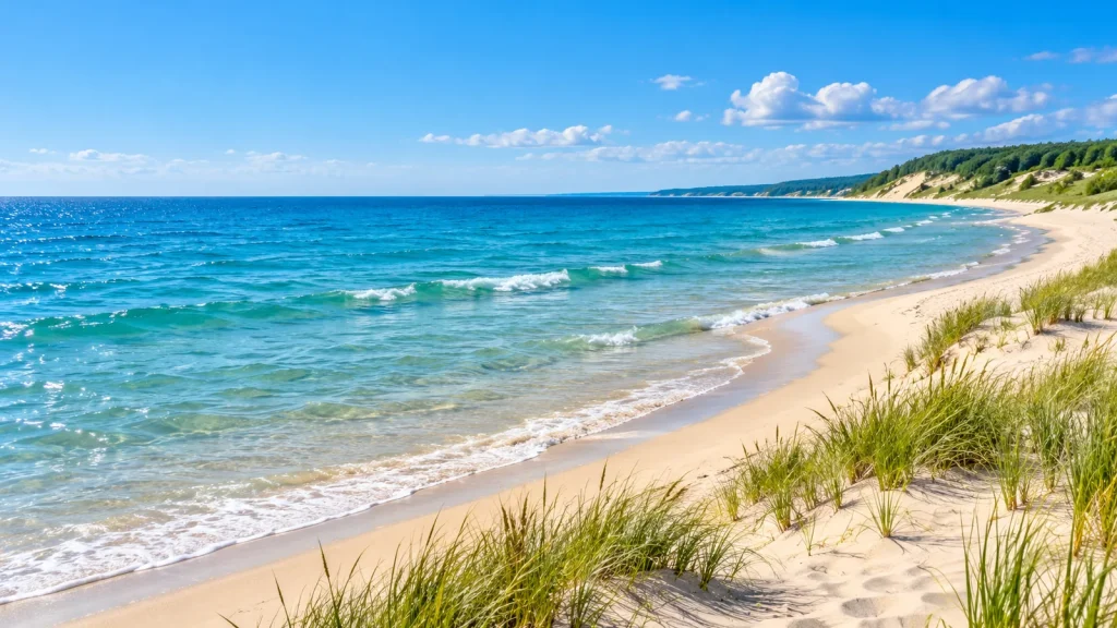 Sandy shoreline with beach grass and wooded dunes along clear blue-green lake water