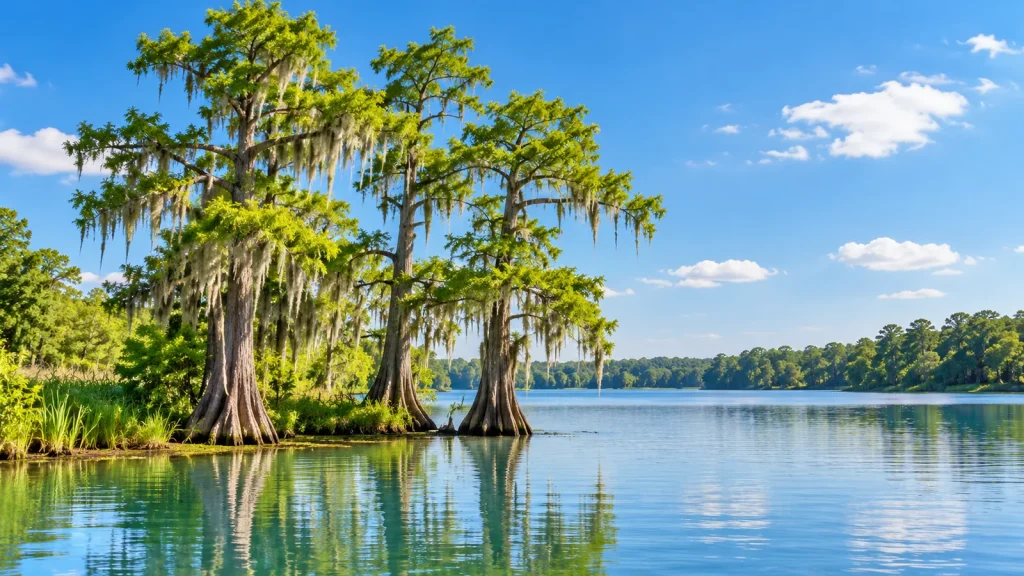 Moss-draped cypress trees standing in calm water and reflected below a blue sky