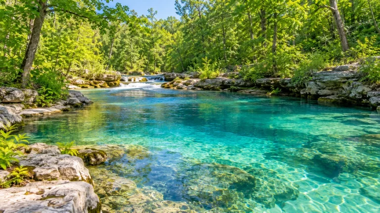 Clear turquoise spring pool with a small cascade, surrounded by limestone ledges and green woodland