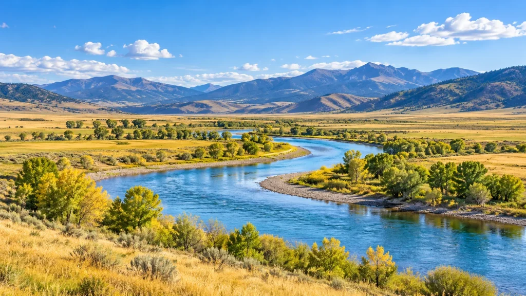 Blue river winding through a wide valley of golden grassland and cottonwoods toward distant mountains