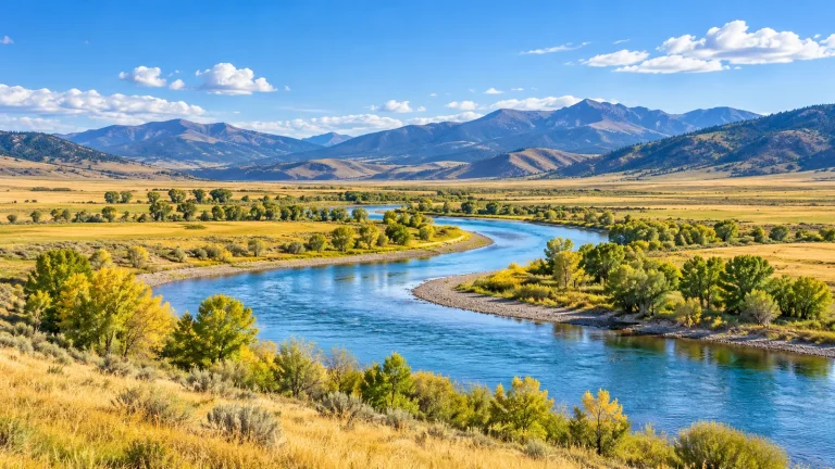 Blue river winding through a wide valley of golden grassland and cottonwoods toward distant mountains