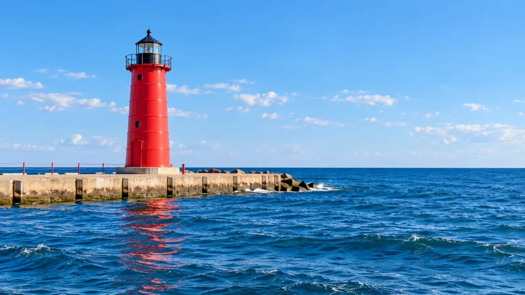 Red pier lighthouse at the end of a concrete breakwater, with deep blue water and a clear sky