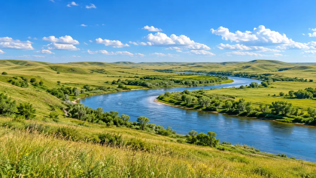 Blue river winding through green rolling prairie hills lined with cottonwoods under a blue sky