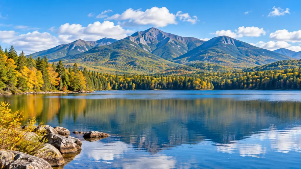 Calm lake reflecting rocky mountain peaks above evergreen and golden autumn forest