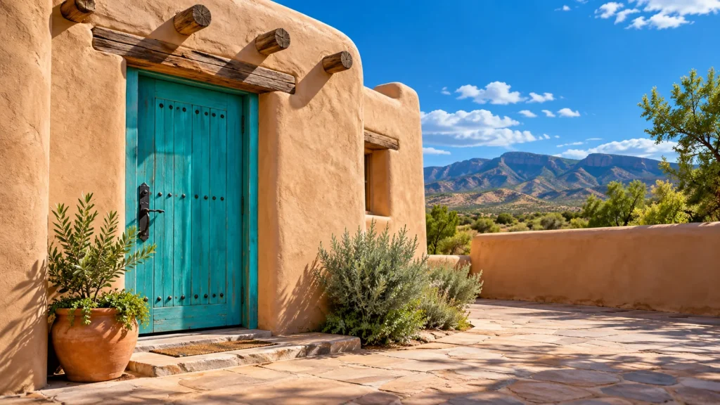 Adobe building with a turquoise wooden door, wooden roof beams and a stone patio, with desert mountains beyond