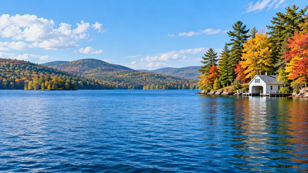 Deep blue lake with a white boathouse beneath red and gold autumn trees and forested hills beyond