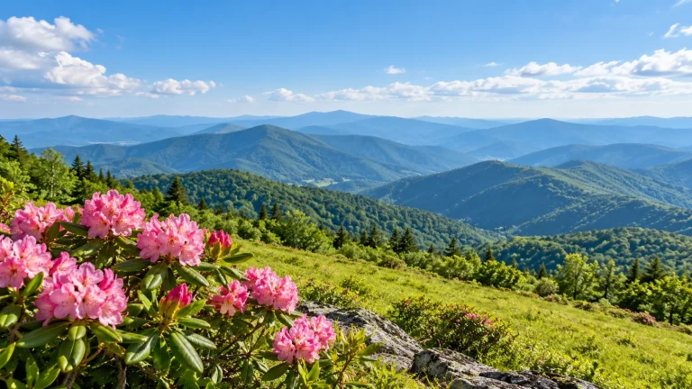 Pink rhododendron blossoms on a grassy slope above layered blue mountain ridges