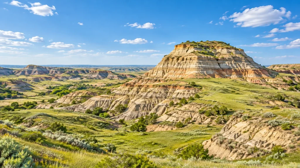 Layered tan and orange badlands butte rising above green prairie and scattered junipers under a blue sky