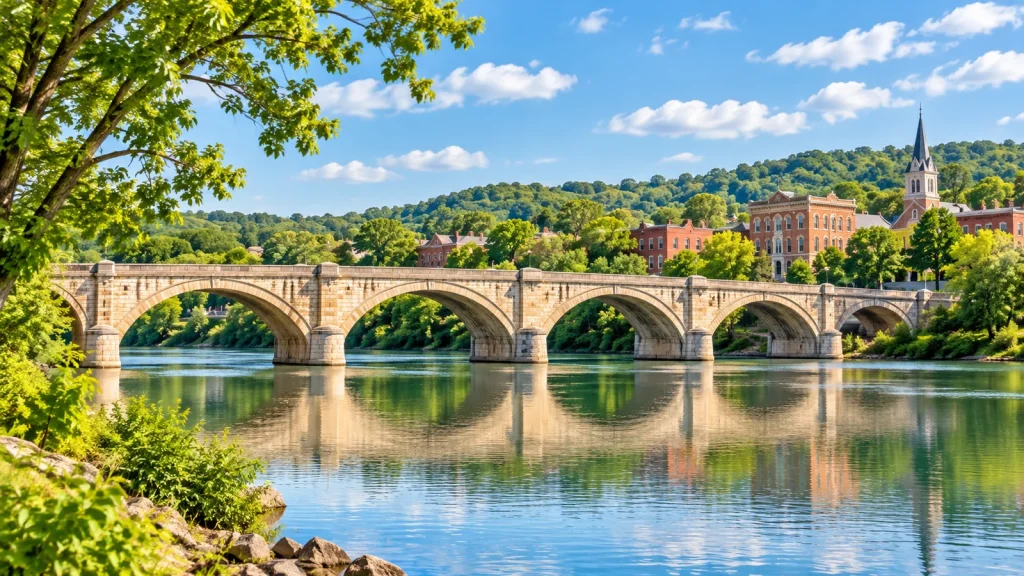 Stone arch bridge reflected in a calm river, with brick buildings, a church steeple and wooded hills behind