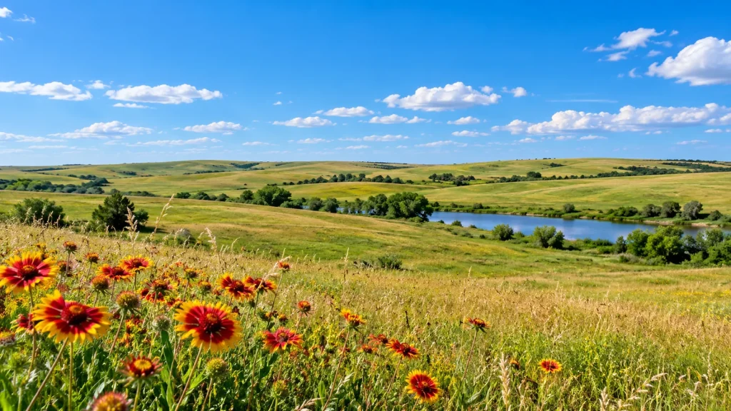 Red and yellow wildflowers in tall prairie grass above rolling green hills and a small lake