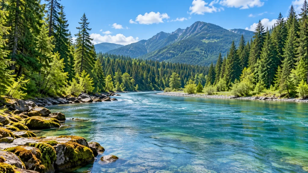 Clear blue-green river flowing between mossy rocks and evergreen forest, with a forested mountain behind