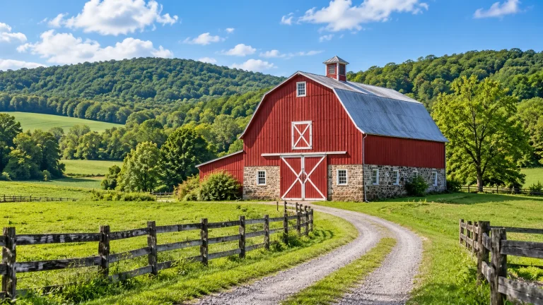 Red barn with a stone foundation beside a gravel lane and wooden fences, with wooded hills behind