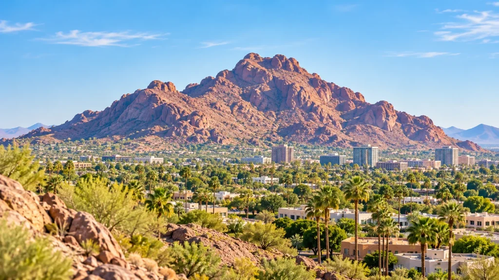 Red-rock desert mountain rising above a city of palm trees and low buildings
