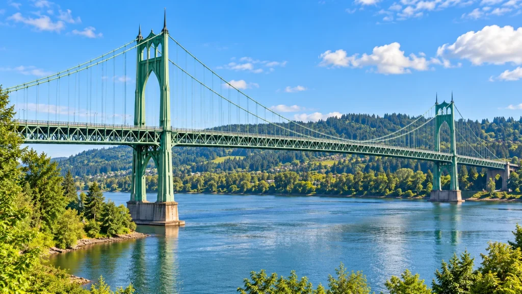 Green steel suspension bridge with Gothic-arched towers spanning a river below forested hills