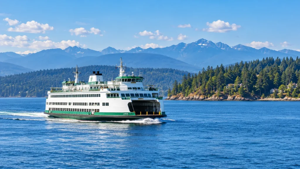 Green-and-white passenger ferry crossing blue water past an evergreen shoreline, with snow-capped mountains behind