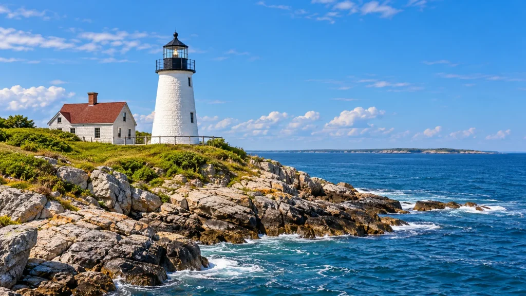 White lighthouse and red-roofed keeper's house on a rocky point above blue ocean