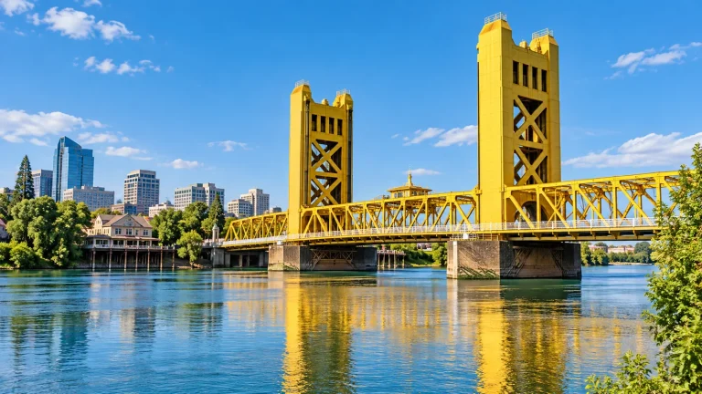 Golden-yellow vertical-lift bridge over a calm river, with downtown buildings and trees on the far bank