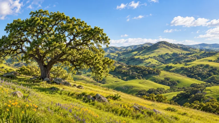 Large oak tree on a wildflower hillside overlooking green rolling hills dotted with oaks